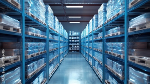 Walk-in industrial deep freezer interior. Frost covered shelves full of wrapped food containers in warehouse. Cold storage room for frozen food products, cool refrigerating chamber, food industry