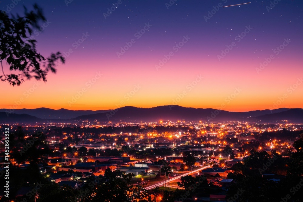 Twilight city lights glow below mountains, framed by silhouetted trees. Starry sky above Twilight city lights glow below mountains, framed by silhouetted trees. Starry sky above