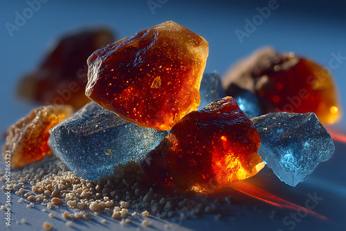 Scattered synthetic ambergris fragments on frosted glass, ambient cool lighting