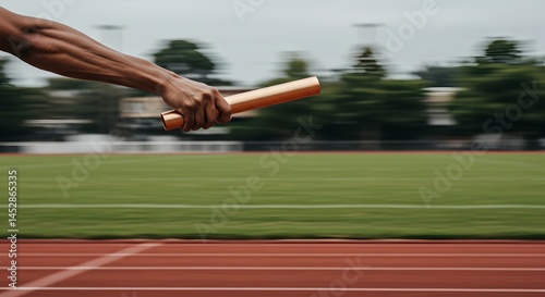 Close-up shot of an arm passing a baton in a track relay race with blurred background.