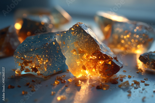 Scattered synthetic ambergris fragments on frosted glass, ambient cool lighting