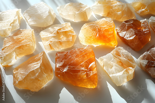 Scattered synthetic ambergris fragments on frosted glass, ambient cool lighting