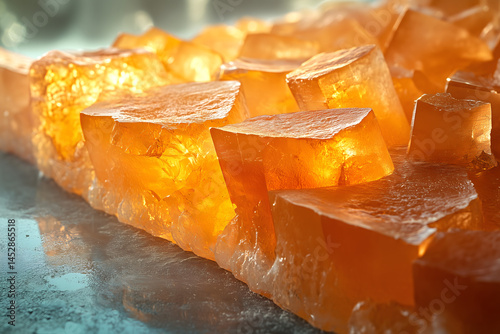 Scattered synthetic ambergris fragments on frosted glass, ambient cool lighting