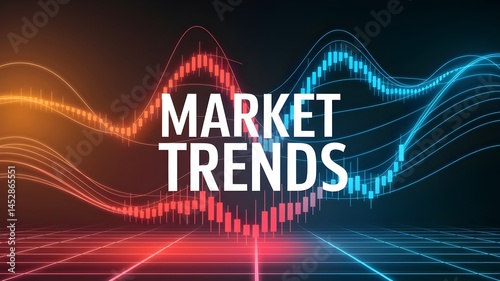 Market Trends Text Over Abstract Glowing Red and Blue Financial Data Graph Lines and Candlesticks - Business, Stock Exchange, and Economic Analysis Concept