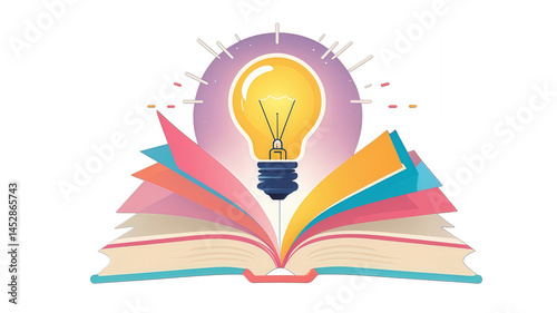 Open book with light bulb above, symbolizing learning and ideas. Minimal vector icon in flat design with soft pastel colors, clean and modern style.

