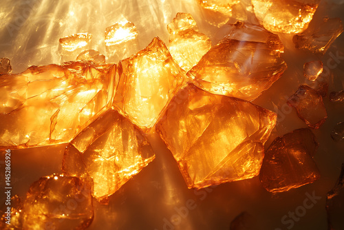 Scattered synthetic ambergris fragments on frosted glass, ambient cool lighting