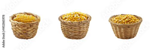 Set of A close-up shot of a rustic wooden bowl filled with golden corn kernels on transparent png background. Ai generated