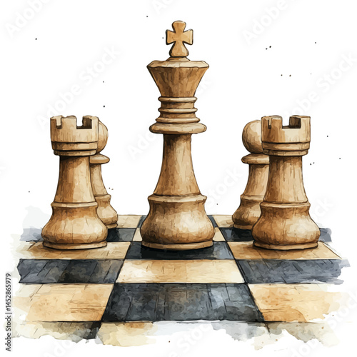 illustration of Classic Wooden Chessboard With Intricate Pieces, watercolor vector, isolated on a white background.