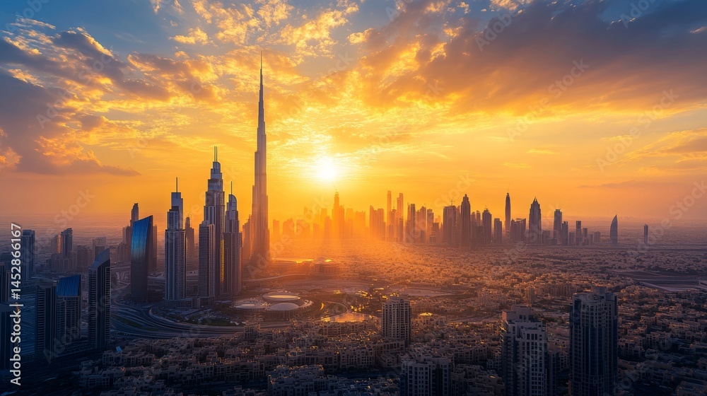 Naklejka premium Dubai sunset panoramic view of downtown covered with clouds. Dubai is super modern city of UAE, cosmopolitan megalopolis. Very high resolution image
