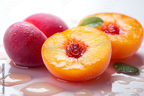 Sliced peach and apricot with dripping juice, white background, high-key style