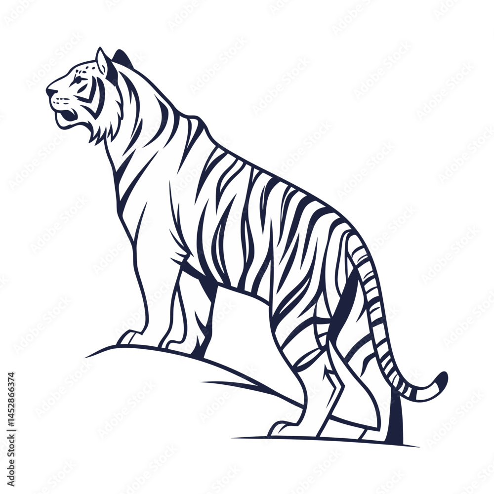 Fototapeta premium Majestic Tiger Line Art Standing on a Rock