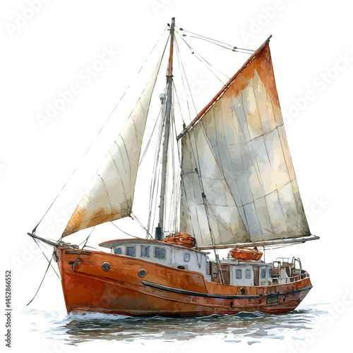 Classic Wooden Boat With A Sail, watercolor vector, isolated on a white background.