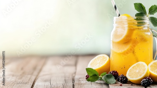 A chilled jar of lemonade packed with lemon slices, mint leaves, and blackberries, completed with a straw, perfect for cooling off during sunny afternoons. photo