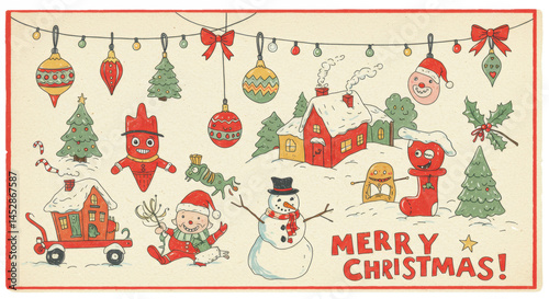 Whimsical Hand Drawn Merry Christmas Scene with Snowman, Decorations and Holiday Characters
