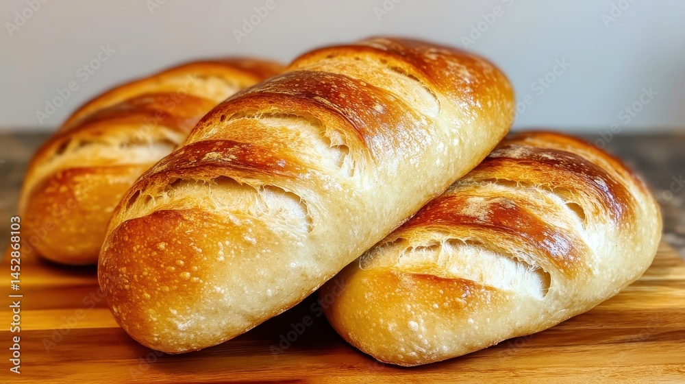 Three artisan bread rolls with a beautifully toasted crust are neatly arranged on a wooden serving board, perfect for culinary gatherings or showcasing homemade bread baking. Three artisan bread rolls with a beautifully toasted crust are neatly arranged on a wooden serving board, perfect for culinary gatherings or showcasing homemade bread baking.