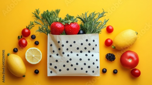 Fresh produce in geometric patterned bag with vibrant background