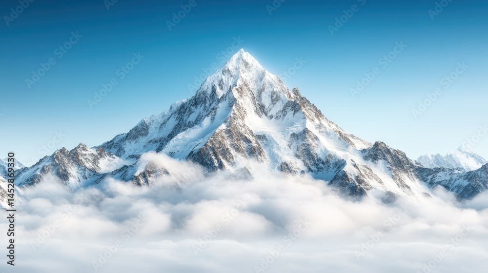 A serene snow-covered mountain peak peaks through a gentle blanket of clouds, embodying the tranquil beauty of untouched nature and the allure of adventure and exploration. A serene snow-covered mountain peak peaks through a gentle blanket of clouds, embodying the tranquil beauty of untouched nature and the allure of adventure and exploration.
