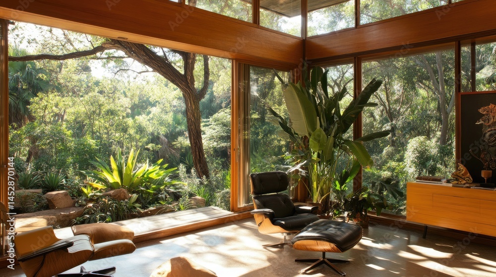 Fototapeta premium Sunlit Modern Living Room with Lush Garden View.