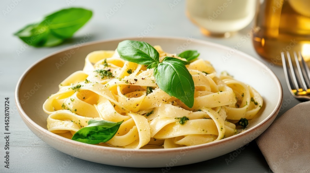 This appealing image presents a bowl of pasta garnished with fresh basil leaves, embodying simplicity and elegance in a delightful culinary representation of Italian flavors. This appealing image presents a bowl of pasta garnished with fresh basil leaves, embodying simplicity and elegance in a delightful culinary representation of Italian flavors.