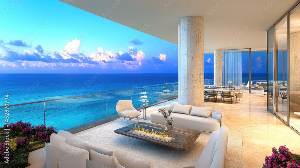 Fototapeta premium Luxury Oceanfront Balcony Sunset Miami Condo.
