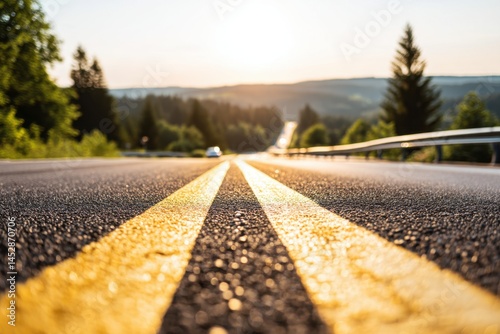 Asphalt road leading to distant hills at sunset with yellow lines and a car in background, scenic landscape, travel photography, nature, journey, and transportation