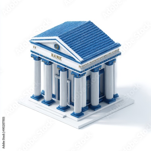 Blue and white bank building isolated on white background
