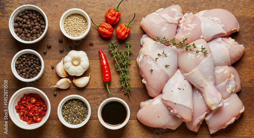Flat lay of ingredients for jerk chicken including allspice, scotch bonnet peppers, thyme, garlic, and chicken pieces arranged neatly on rustic surface photo