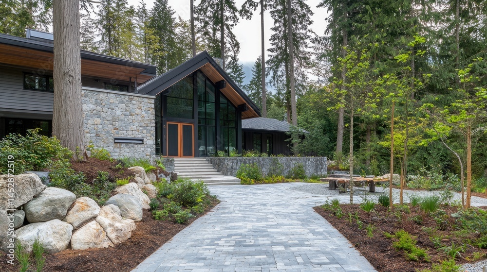 Fototapeta premium Modern Stone House with Forest Entry, and Luxury Home Exterior.