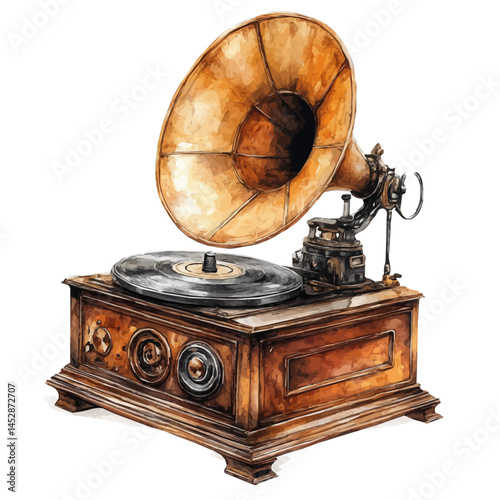 watercolor of Classic Phonograph With A Horn Speaker, vector, isolated on a white background.