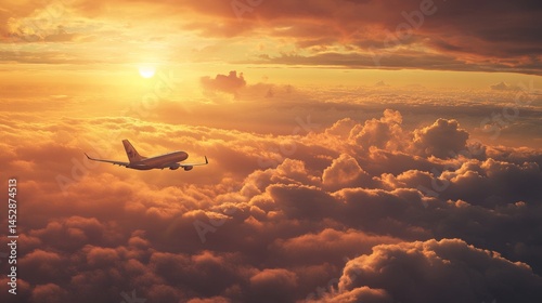 Passengers commercial airplane flying above clouds in sunset light. Concept of fast travel, holidays and business.
