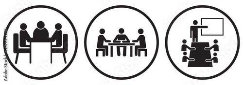 Three people sitting on meeting room icon set. Meeting room, discussion, business conference, support group outline icon. Vector editable stroke.