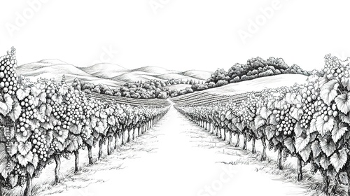Black-and-white ink vineyard drawing with central path and hillside trees.