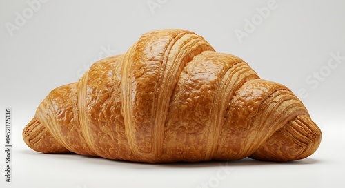 Croissant with golden flaky layers, cleanly shot on white