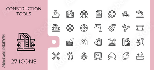Construction Tools line icon set. Minimal icons collection. Includes symbols for equipment, mechanic, work, house. Editable stroke. Pixel Perfect. Tool simple icon set.