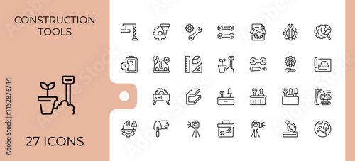 Construction Tools line icon set. Minimal icons collection. Includes symbols for equipment, mechanic, work, house. Editable stroke. Pixel Perfect. Tool simple icon set.