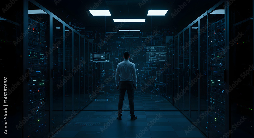Man in Data Center Surrounded by Server Racks and Digital Displays
