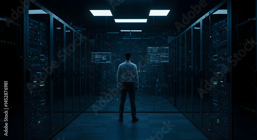 Obraz na płótnie Man in Data Center Surrounded by Server Racks and Digital Displays w salonie