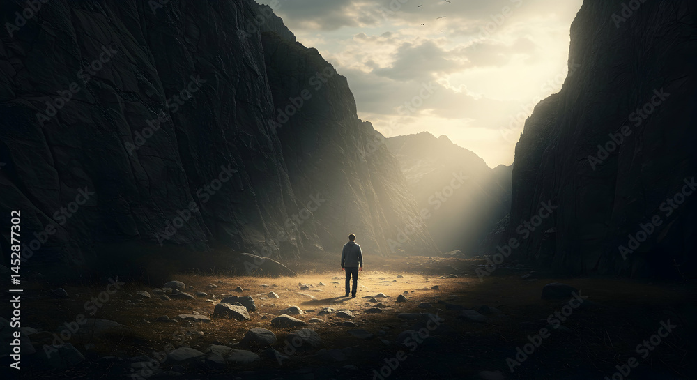 Person Walking Through Mountain Valley with Sunlight and Shadows