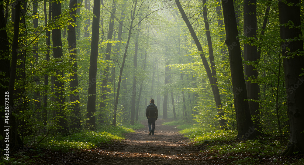 Serene Walk Through a Misty Forest Path Surrounded by Greenery