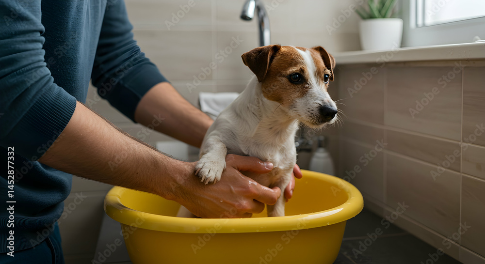 Person Bathing Small Dog in Yellow Basin in Modern Bathroom