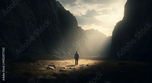Obraz na płótnie Person Walking Through Mountain Valley with Sunlight and Shadows w salonie