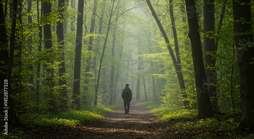 Obraz na płótnie Serene Walk Through a Misty Forest Path Surrounded by Greenery w salonie