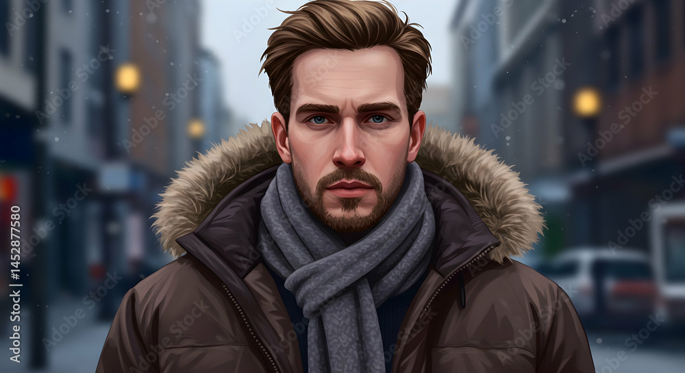 Handsome Man with Fur Hooded Jacket and Scarf in City Street