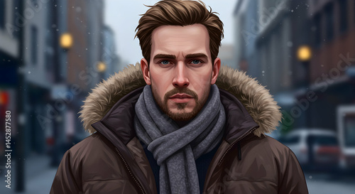 Obraz na płótnie Handsome Man with Fur Hooded Jacket and Scarf in City Street w salonie