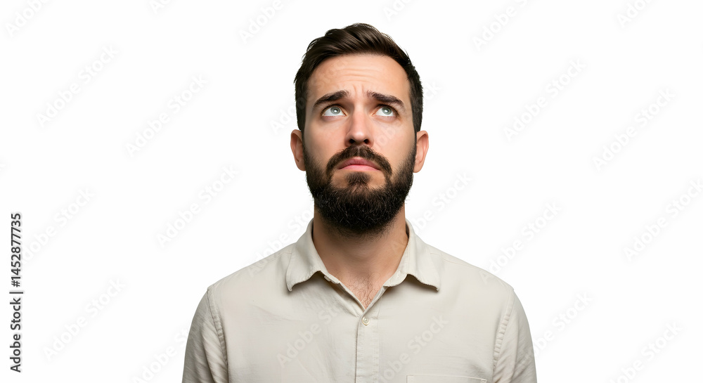 Pensive Man With Beard Looking Upwards Against White Background
