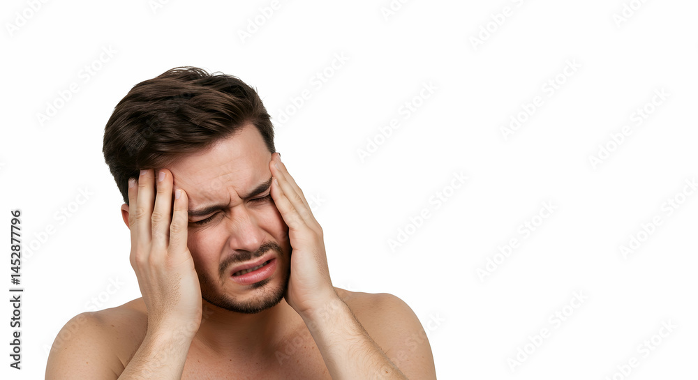 Young Man Struggles with Headache, Facial Expressions of Pain