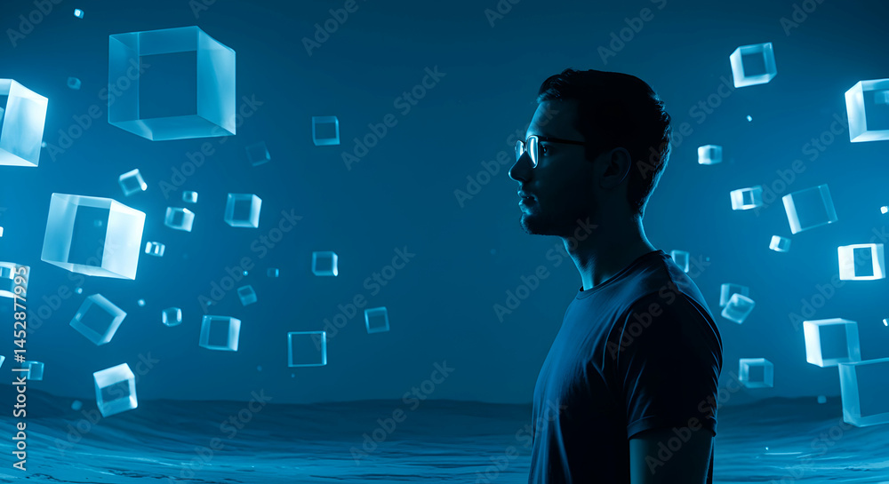 Contemplative Man with 3D Cubes in Abstract Digital Environment