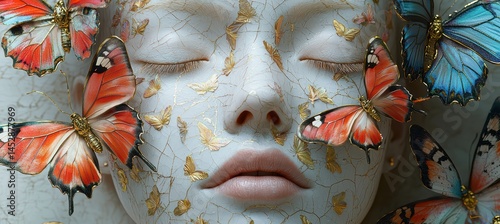 Serene portrait a face embellished with delicate butterflies