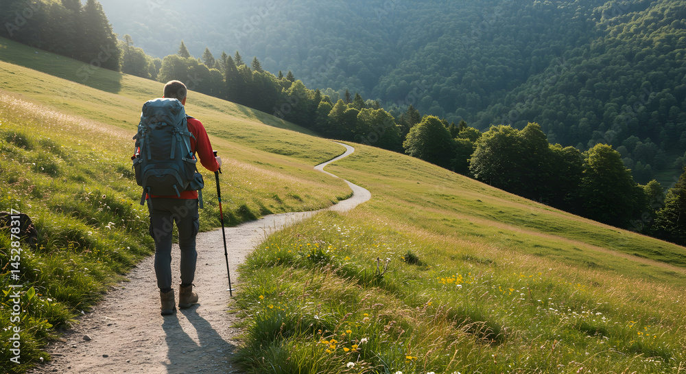 Scenic Mountain Trail Hiker in Vibrant Green Landscape at Sunrise
