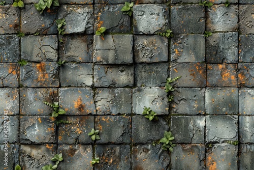 Natural growth on stone and concrete pattern in urban setting with lush greenery and textures in 8K resolution